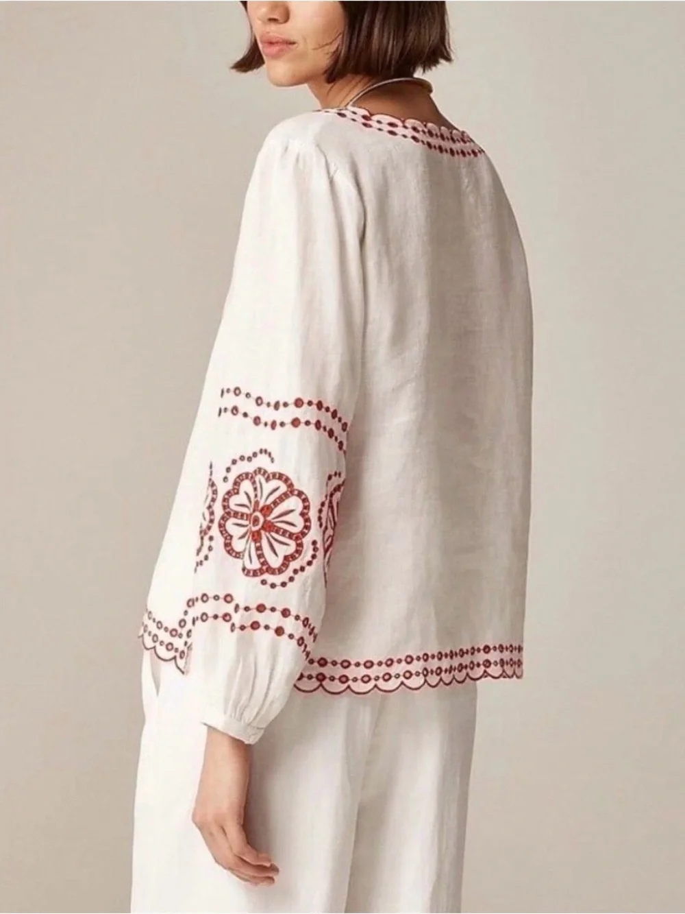 J. Crew Bungalow White Linen Peasant Blouse with Red Embroidered Trim Size S